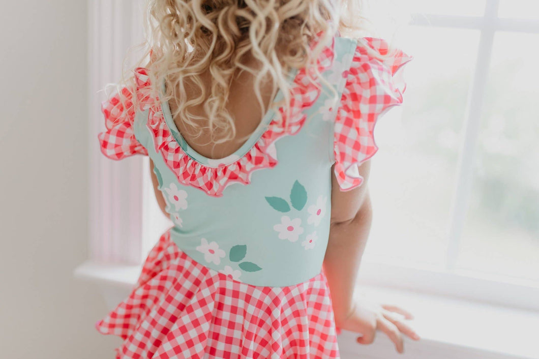 Mint Pink Check Skirted Leotard