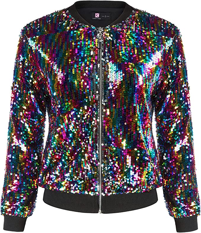Women's Sequin Bomber Jacket - Sparkly Long Sleeve Blazer With Zip Front & Side Pockets