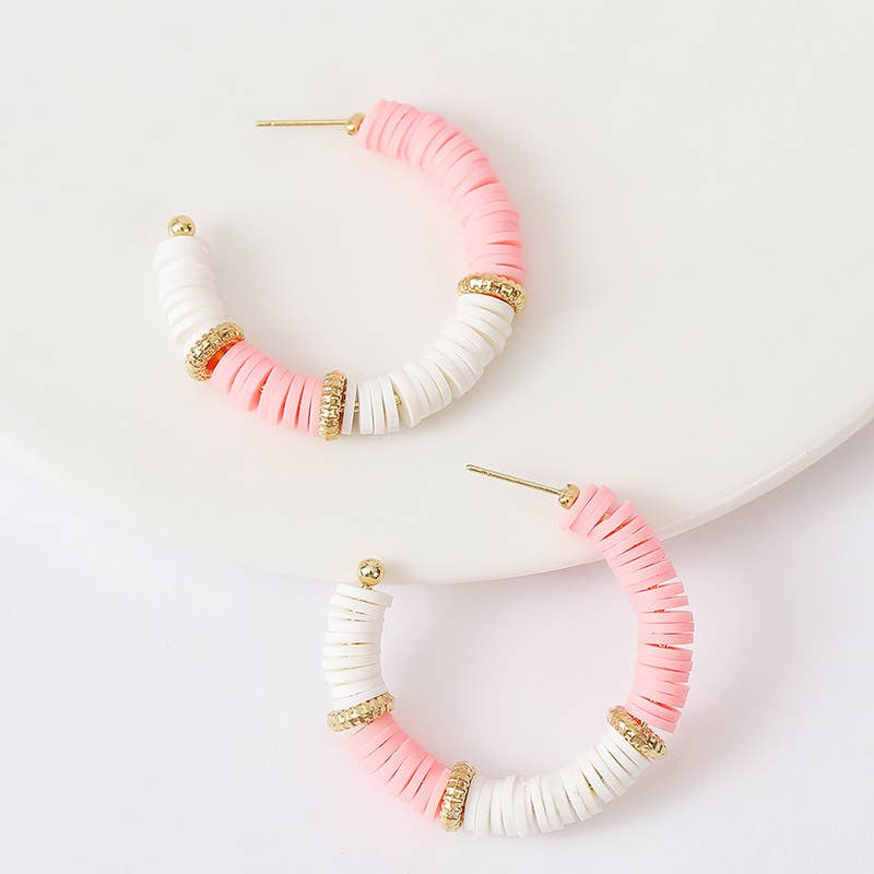 Pink & White Beaded Resin Hoop Earrings