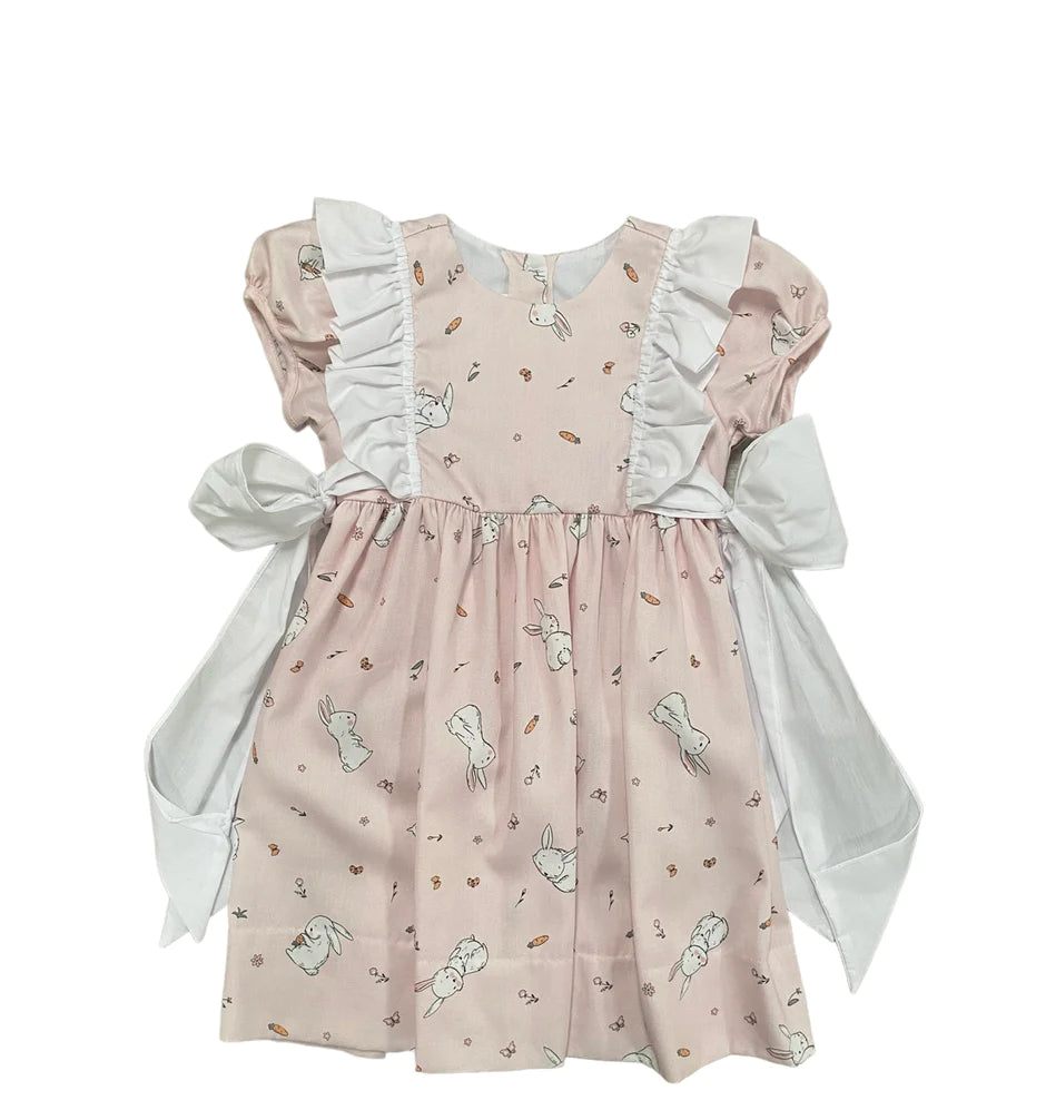 Blush Bunnies Girls Gisselle High Waist Ruffle Dress with white bows